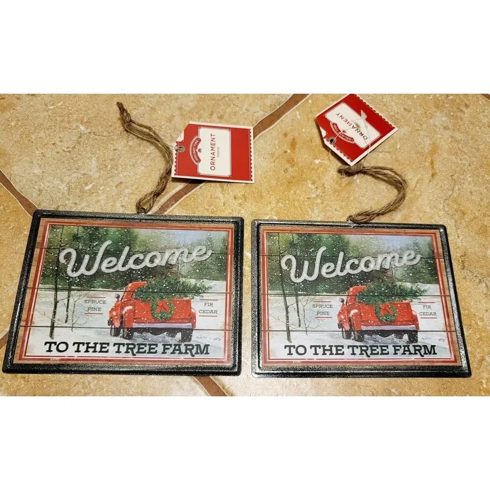 New HOLIDAY TIME Set of 2 Ornaments Tin Vintage Look - Red Truck Welcome 5.75